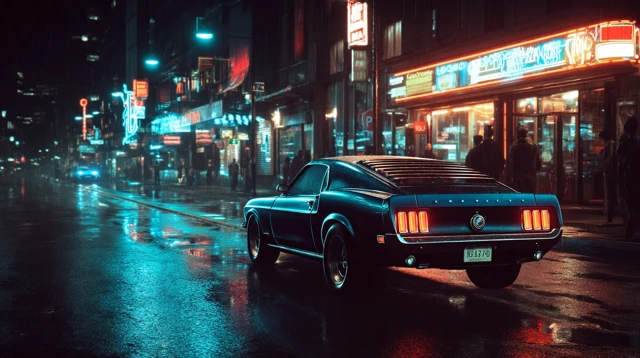 Retro Sports Car in 80s Futuristic City Neon Lights
