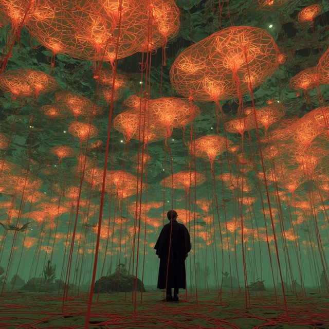 Dark Fantasy Room with Glowing Wires and Balloons
