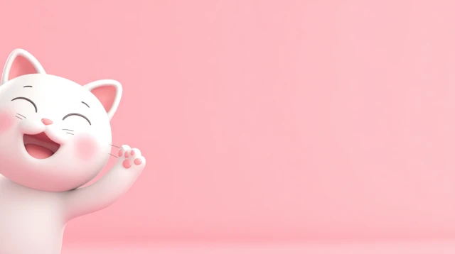 Cute 3D Cartoon Cat Waving Hello Pastel Pink Background