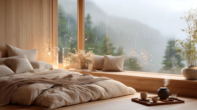 Cozy Bedroom with Rain Views Zen Ambiance