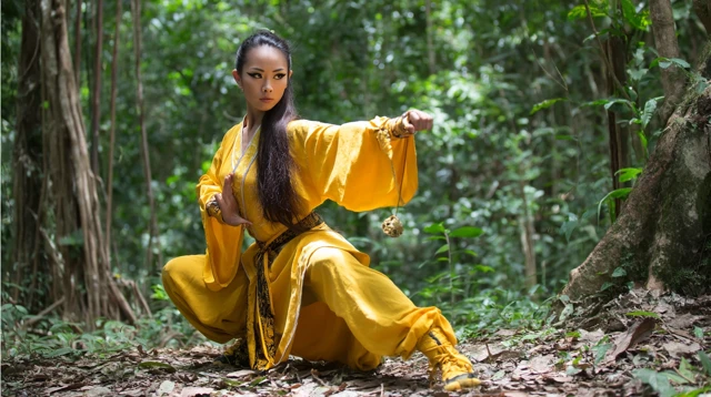 Asian Martial Artist in Yellow Robe in Forest