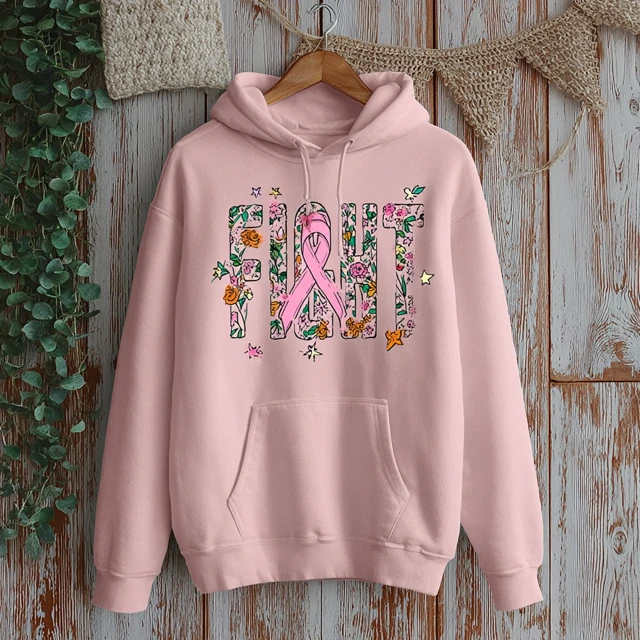 Pink FIGHT Hoodie Floral Design Positive Support Womens Casual