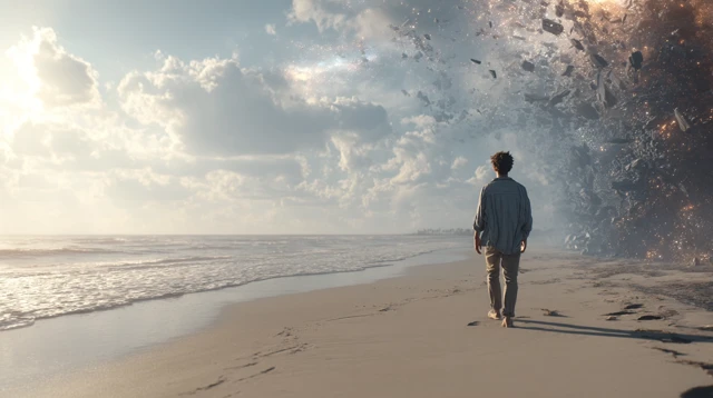 Time Travel Beach Scene Man From Chaos to Calm