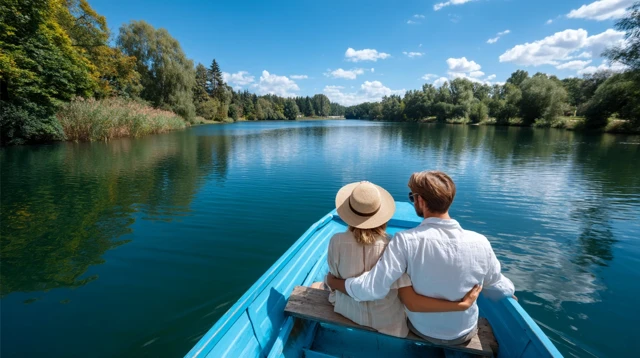Romantic Boat Ride Couple on a Serene Lake