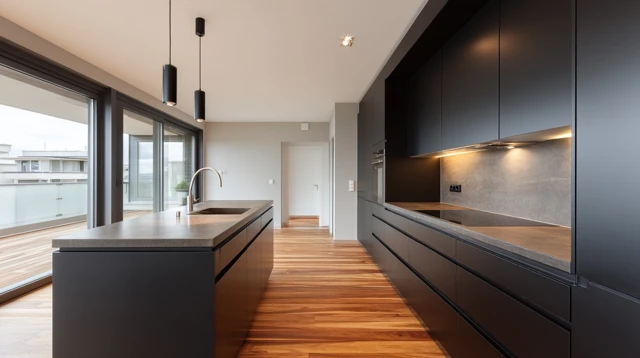 Modern Kitchen Design Black Cabinets Wooden Floor