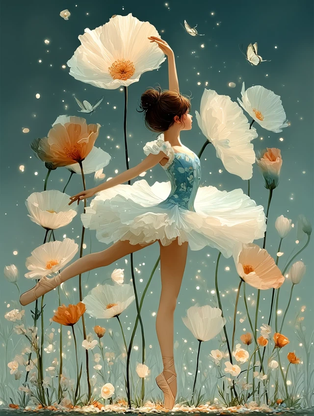 Ballerina Dancing in a Field of Flowers Illustration