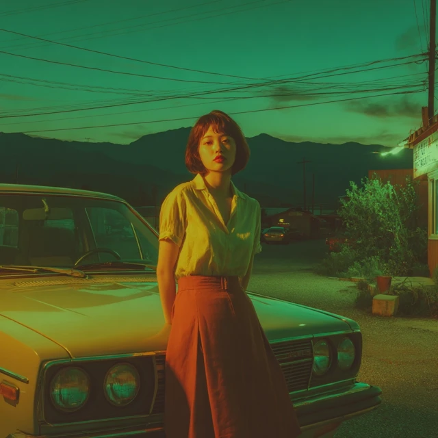 Woman by a Vintage Car Atmospheric Scene