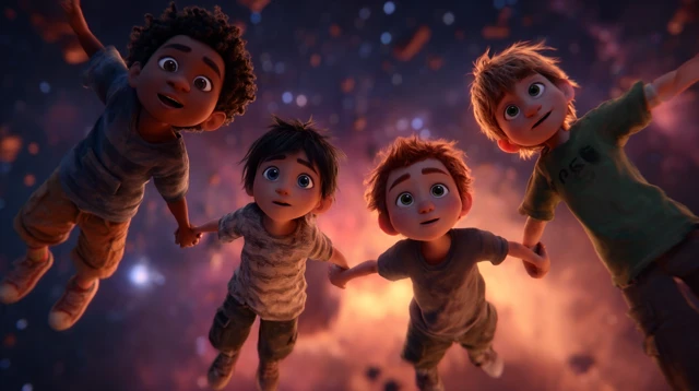 Children Floating in Space Dreamlike Cinematic Scene