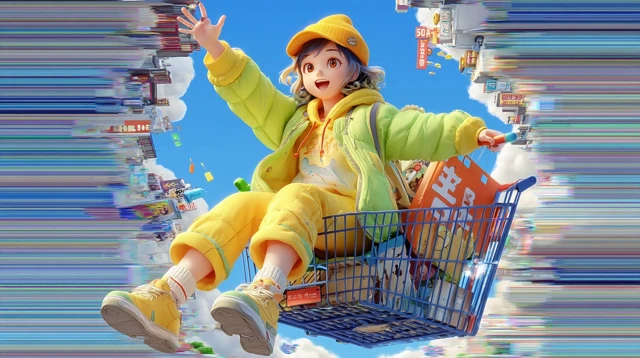 Girl Flying in Sky Shopping Cart Pixar Style