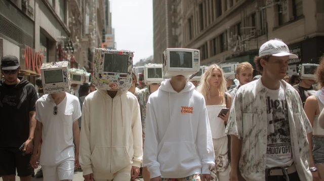 New York City 2025 People with TV Heads Downtown