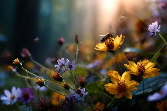 Sunlit Meadow Bees and Flowers Nature Photography
