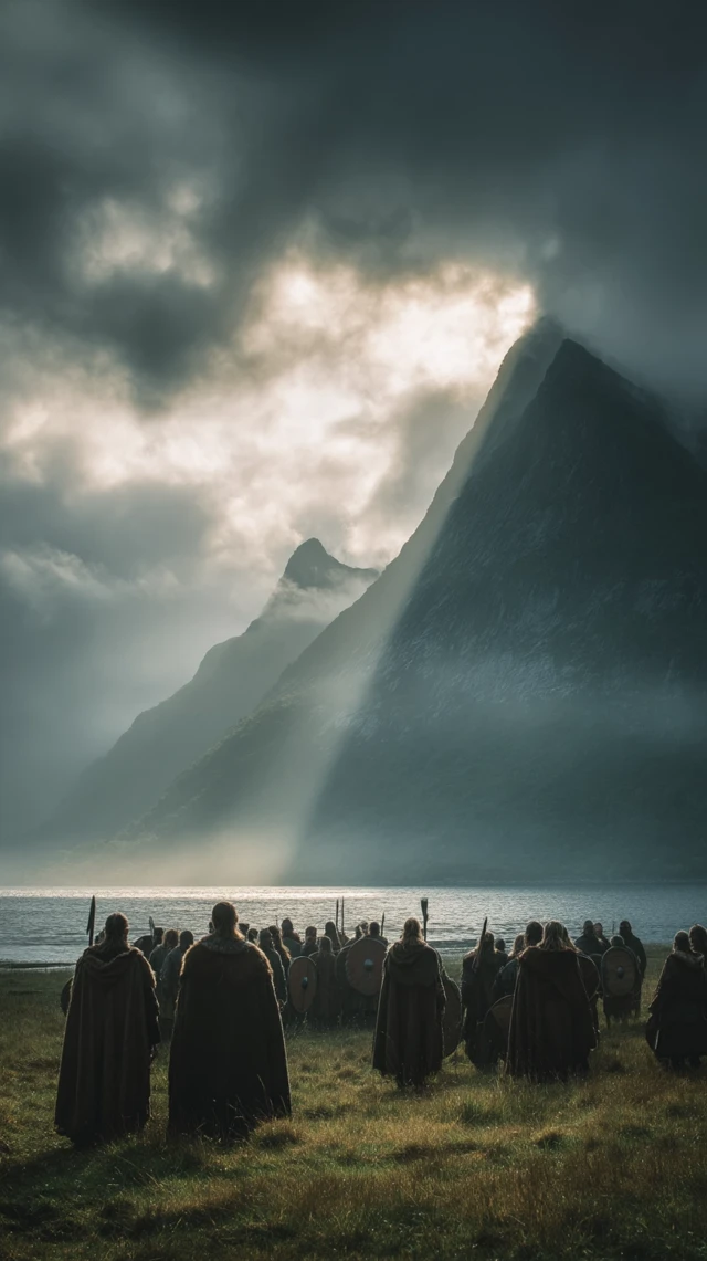 Viking Warriors Gathering Near Fjord Dramatic Scene