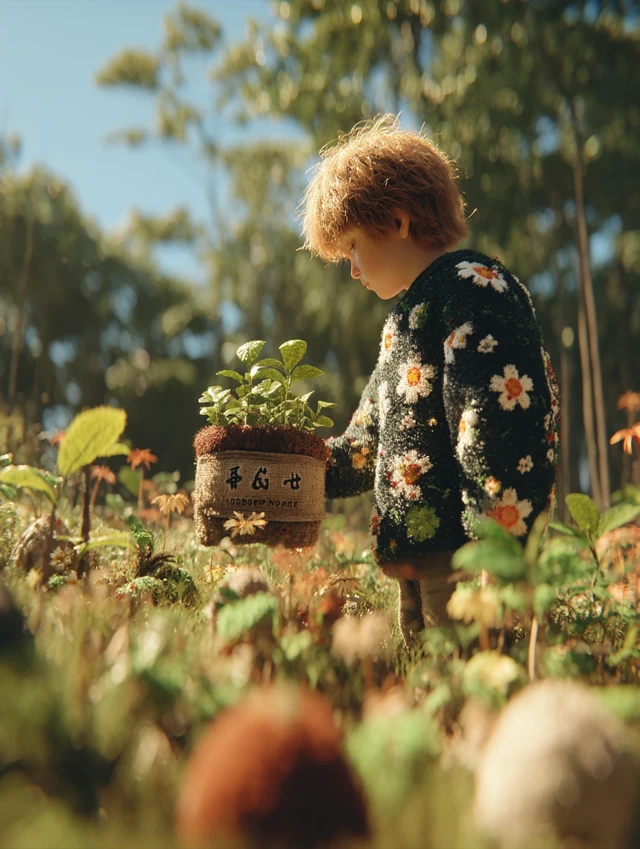 Boy in Field Holding Flower Pot - 3D Render