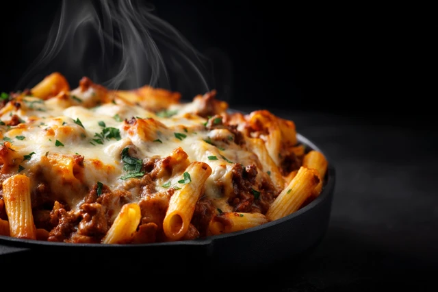 Delicious Pasta Bake CloseUp Black Background