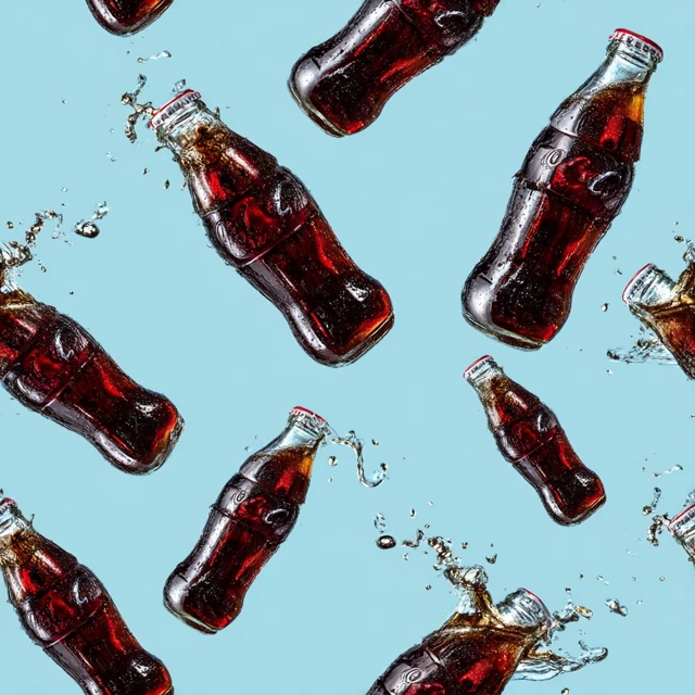 Cola Bottles Splashing Light Blue Background