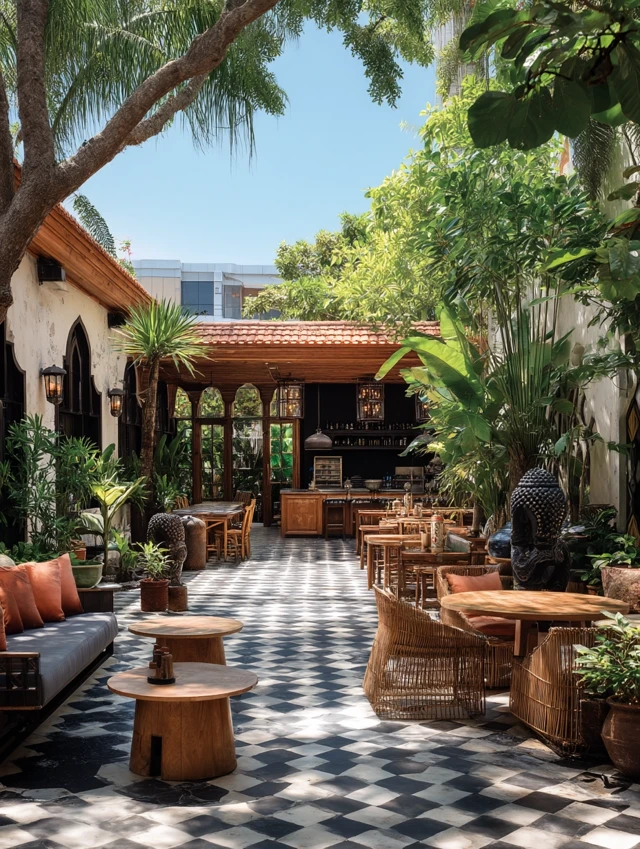 Southeast Asian Colonial Patio with Buddha and Plants