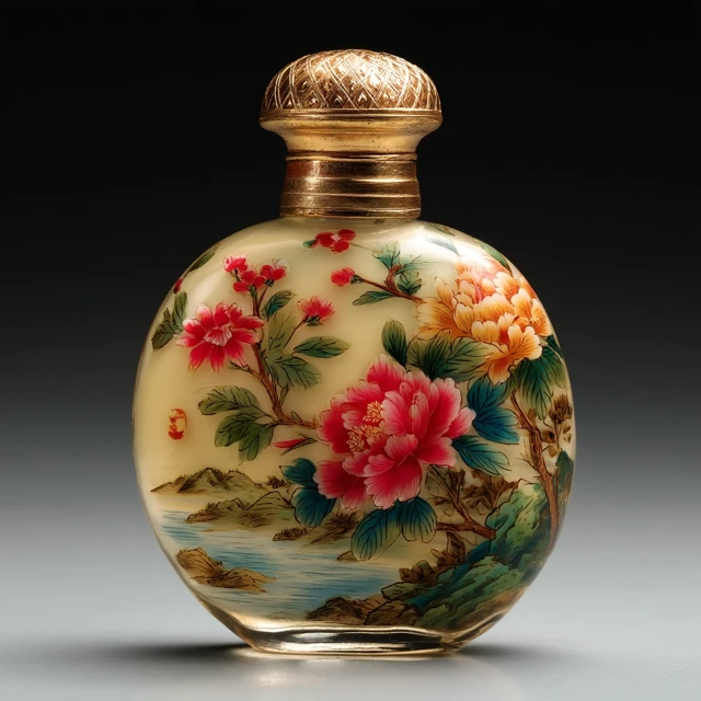 Glass Snuff Bottle with Floral Painting and Mountain View