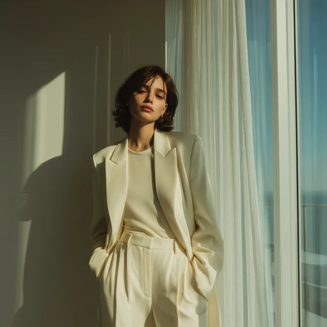 Fashion Editorial Cream Blazer Minimalist Apartment