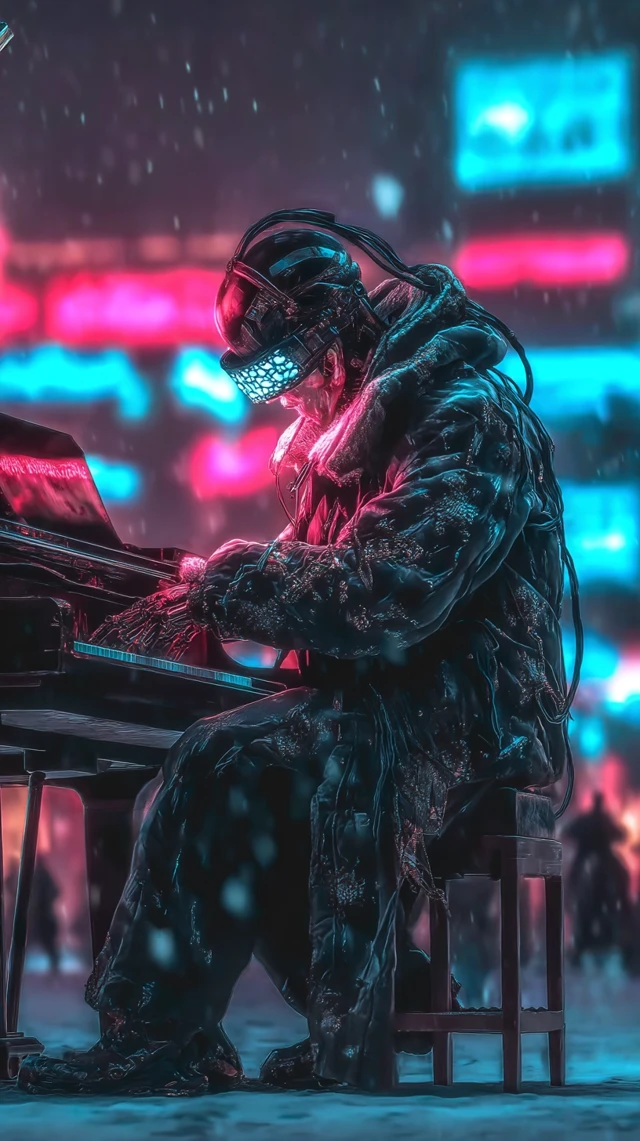 Cyberpunk Mozart Cyborg Plays in Snowy City