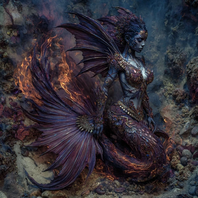 Inferno Siren on Beach: Fantasy Art