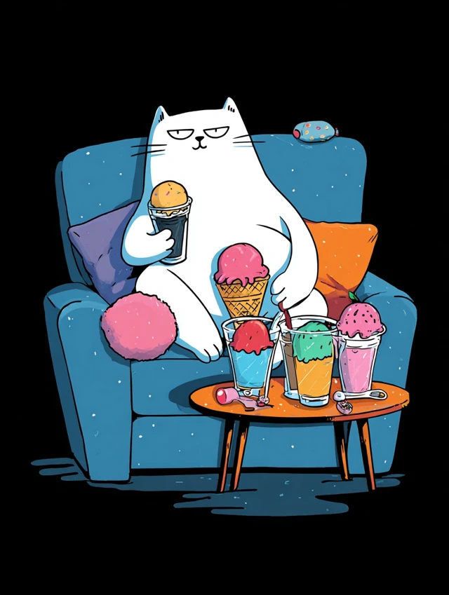 Cute Cat Enjoying Ice Cream Cartoon Illustration
