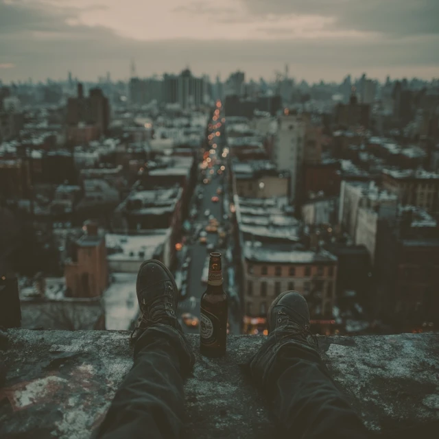 NYC Rooftop View: Man Relaxing with a Beer
