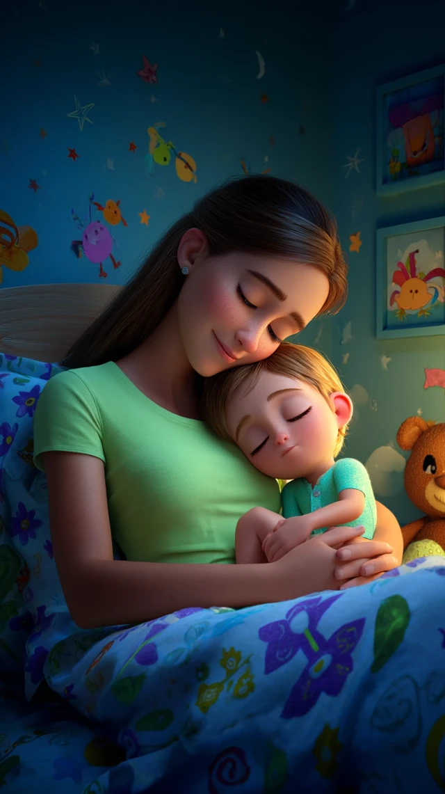Mother and Baby Sleeping Pixar Style