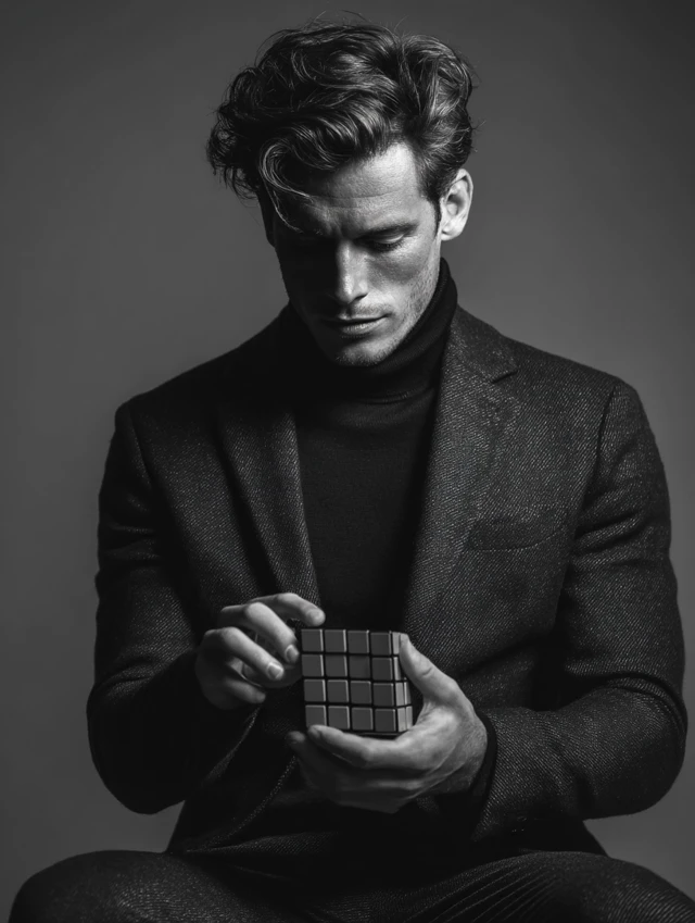 Male Model Solving Rubiks Cube Black and White Photo