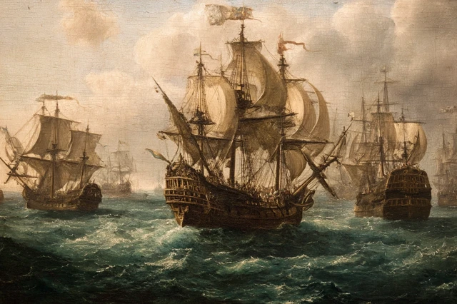 Renaissance Ships at Sea: A Painting of Merchantmen Fighting Pirates