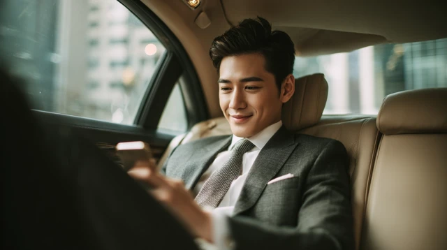 Young Asian Businessman in Luxury Car Smiling at Phone