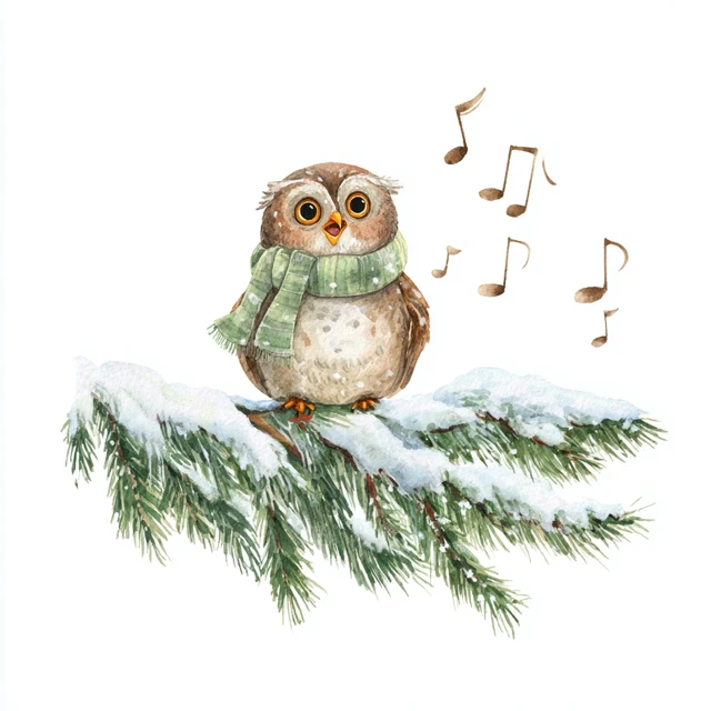 Cute Owl Christmas Carols Watercolor Illustration