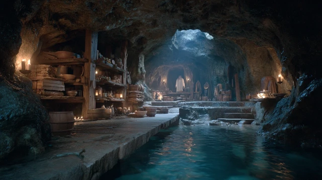 Elven Refuge Cave Interior Cinematic Shot