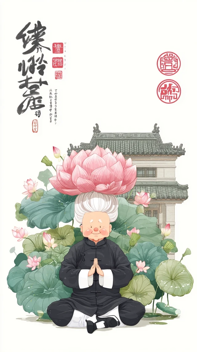 Chinese Art: Meditating Elder and Lotus Flowers