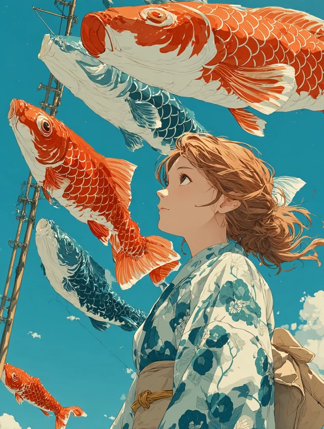 Anime Girl in Kimono with Koinobori