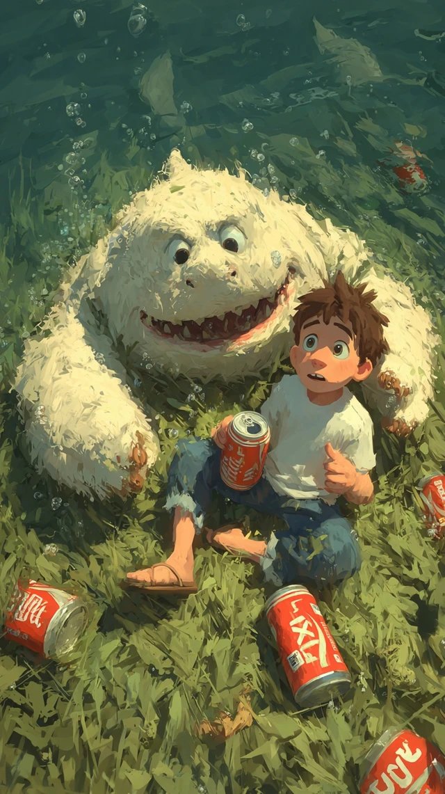 Cartoon Shark Boy and Soda Can in Ocean