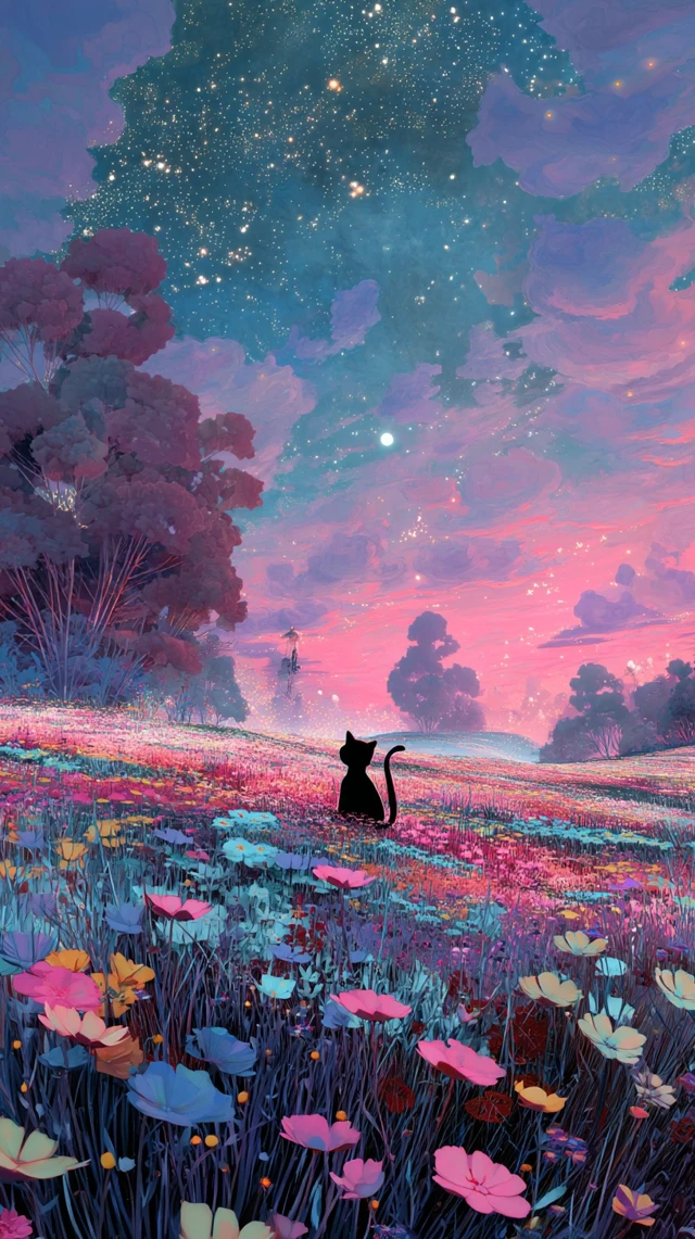 Black Cat in a Dreamy Meadow Art