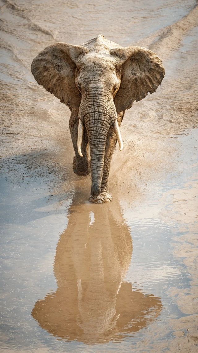 Elephant Running in Muddy River