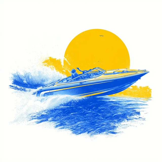 Blue Speedboat Illustration with Sun and White Background