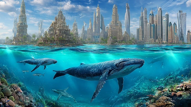 Sunken Coral City Whales Swimming Underwater