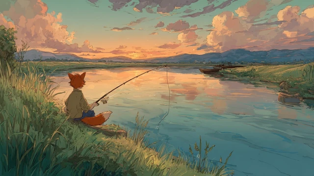 Anime Sunset Fishing Fox and Boy Serene Scene