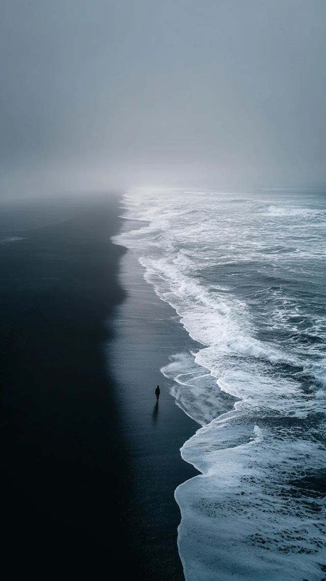 Black Sand Beach Foggy Morning Lone Figure