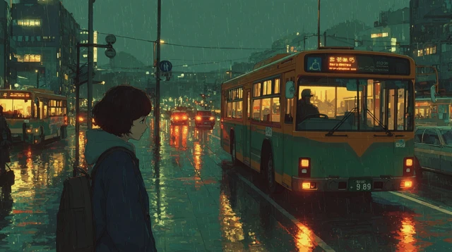 Anime Girl at Bus Stop Rainy Evening Illustration