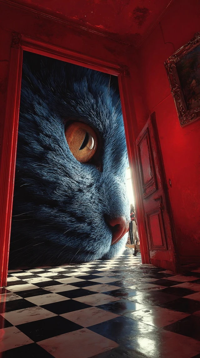 Giant Blue Cat Surrealist Scene Cinematic Lighting