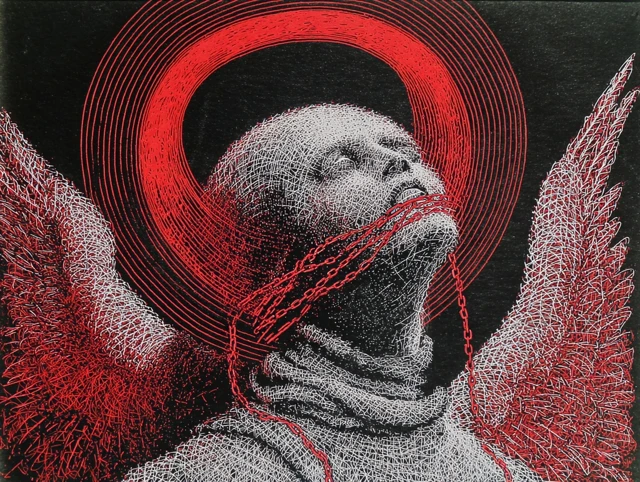 Horror Art Angel with Chain Link Wings