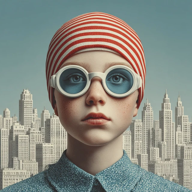 Girl in Swim Cap and Goggles with Cityscape