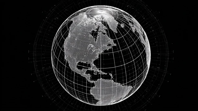Wireframe Globe 3D Visualization Black and White Graphic