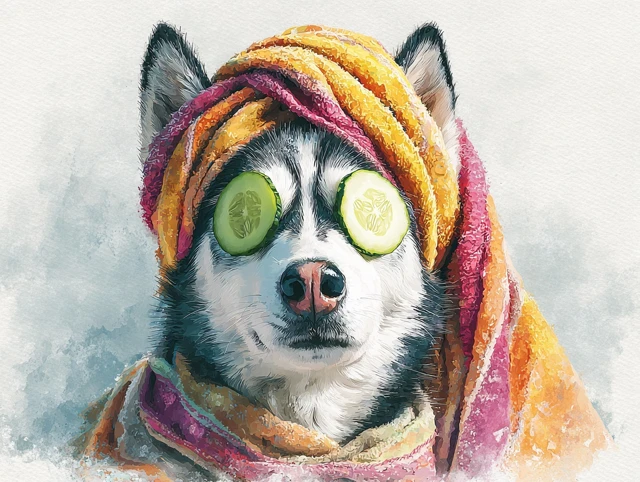 Husky Dog Spa Day Watercolor Art