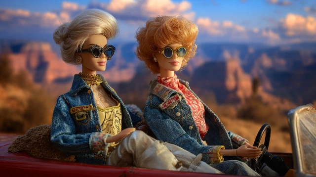 Thelma and Louise Barbie Dolls on a Road Trip