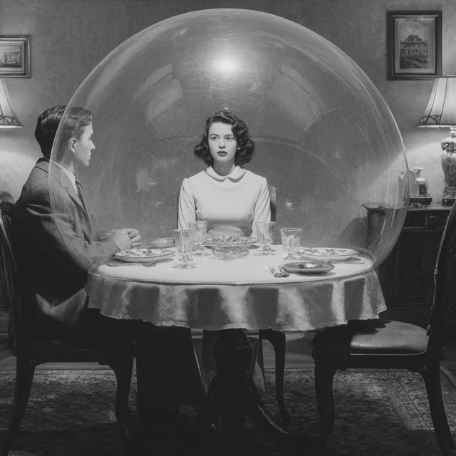 1950s Housewife in Bubble Husband at Dinner