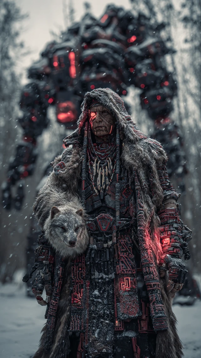 Indigenous Winter Warrior Cyberpunk Art